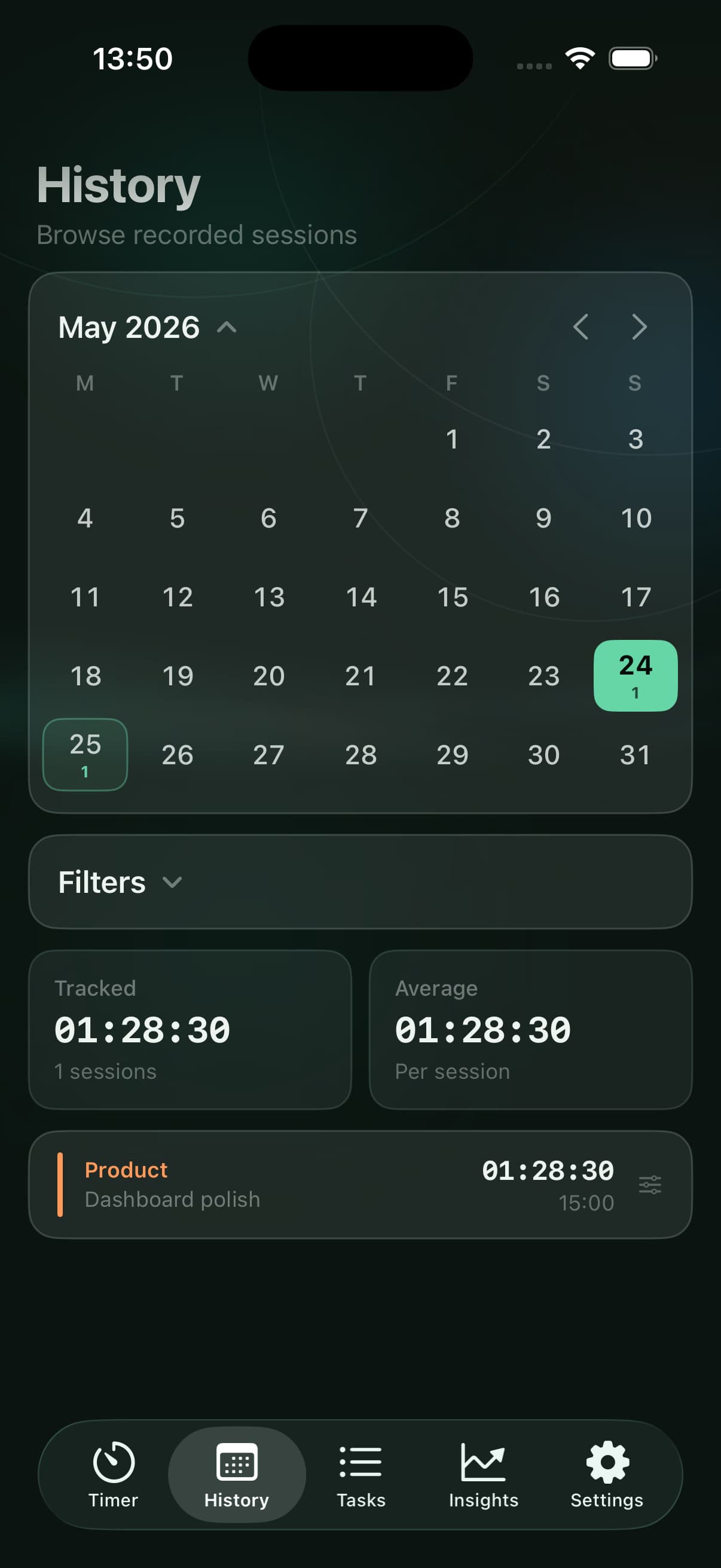 Clokit for iPhone — history view with calendar and sessions