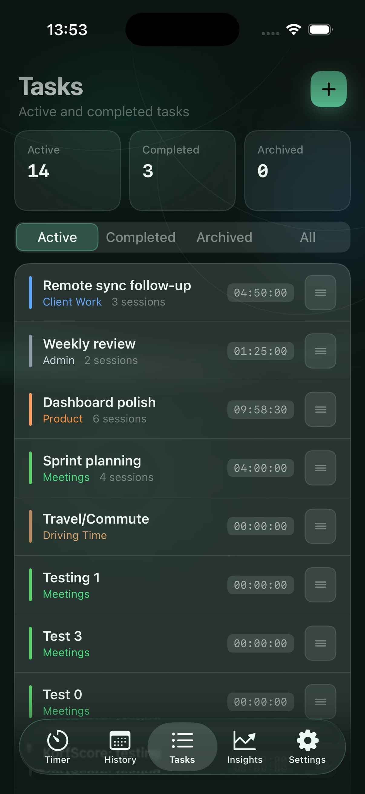 Clokit for iPhone — tasks view showing active and completed work items