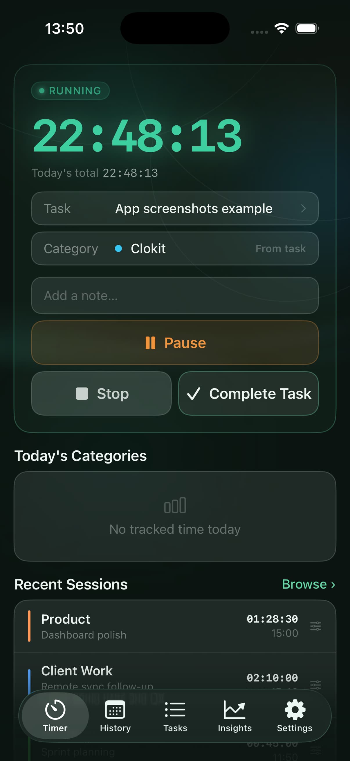 Clokit for iPhone — timer running with task, category and recent sessions visible