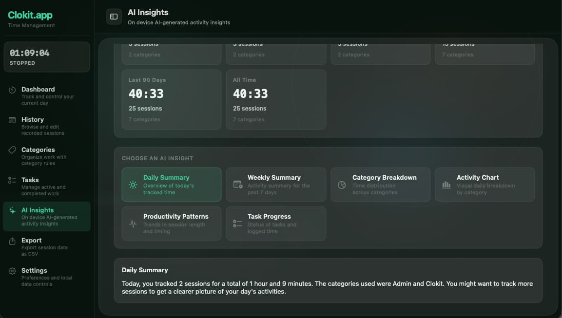 Clokit for Mac — AI Insights view showing activity totals and insight options