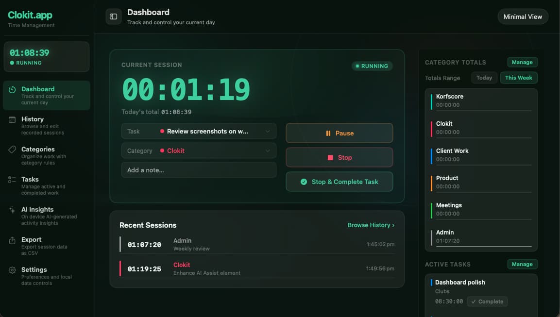 Clokit for Mac — dashboard showing a live timer, current session, category totals and recent sessions