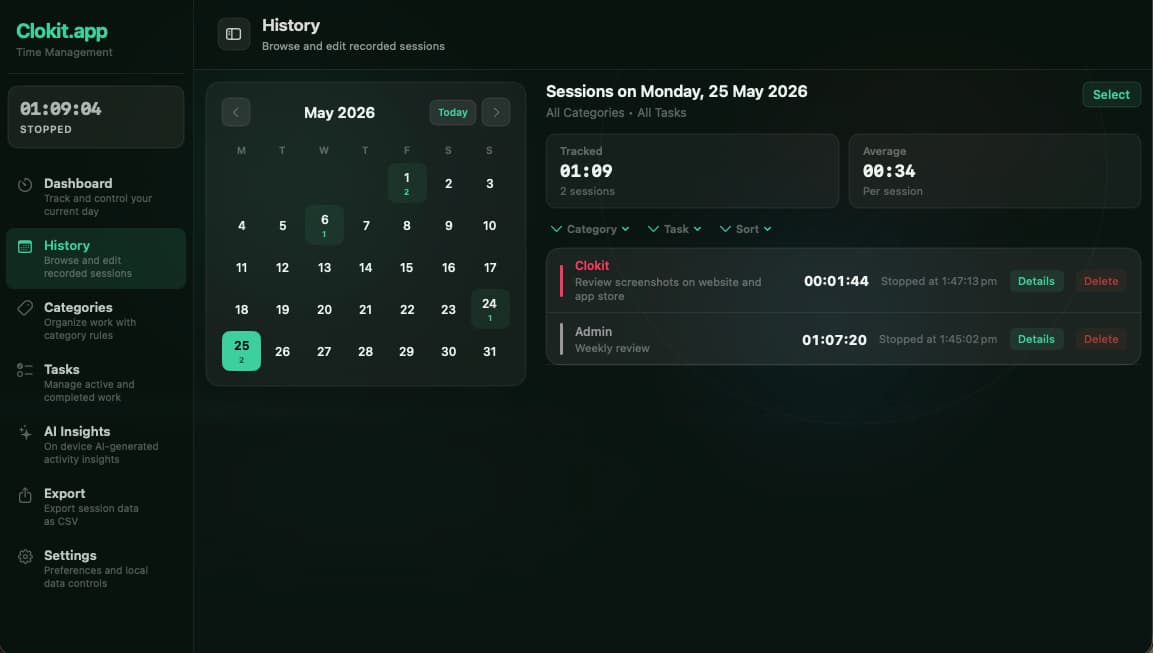 Clokit for Mac — history view with calendar and session list